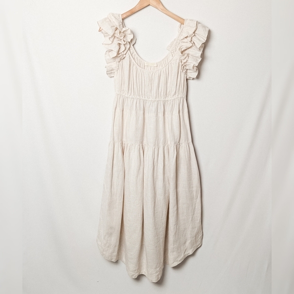 ULLA JOHNSON Rissa Dress Sand 100% Linen Midi Ruffle Tiered Cream Stripe 8 - Picture 7 of 14